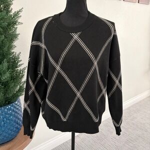 T Tahari Diamond Crewneck Sweater Womens Size M Black White Geometric Knit